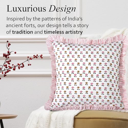 CPC Rosette Bloom Hand Block Print 100% Cotton Ruffle Throw Pillow Cover 18x18 inch with Hidden Zipper Decorative for Couch, Bed, Sofa, Farmhouse, Cottagecore Decor Gift Christmas Fall Thanksgiving - Image 4