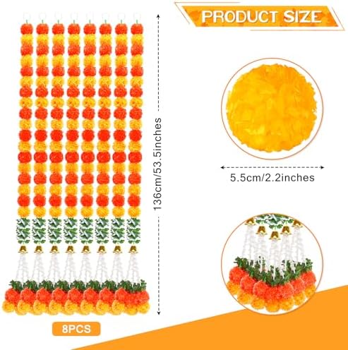 8PCS Diwali Artificial Marigold Garland for Home Decor, Marigold Long Strands with Bells and Leaves for India Wedding, Pooja Decor, Marigold Flowers Strings for All Year Decoration - Image 2