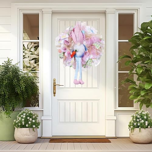 Easter Wreaths for Front Door with Lights,Easter Door Wreath,Easter Mesh Wreath,Bunny Spring Colorful Easter Decorations Holiday Ornament for Home Indoor Outdoor Supplies (Pink Long Leg) - Image 5