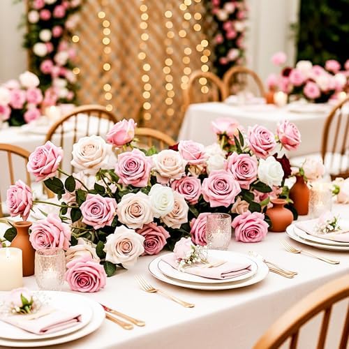 Auihiay 104PCS Pink Roses, Realistic Silk Velvet Pink Artificial Flowers - Image 3