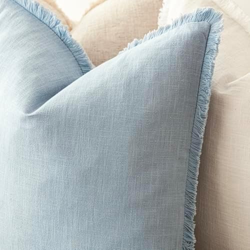 Foindtower Decorative Linen Fringe Throw Pillow Covers 26×26 Inch,Sky Blue - Image 5