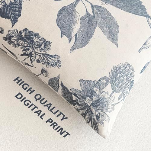 Foindtower Set of 2 Linen Floral Vintage Throw Pillow Covers Neutral Accent Print Decorative Cushion Covers Farmhouse Boho Home Decor for Sofa Chair Couch Bedroom Living Room,22×22 Inch,Blue - Image 3