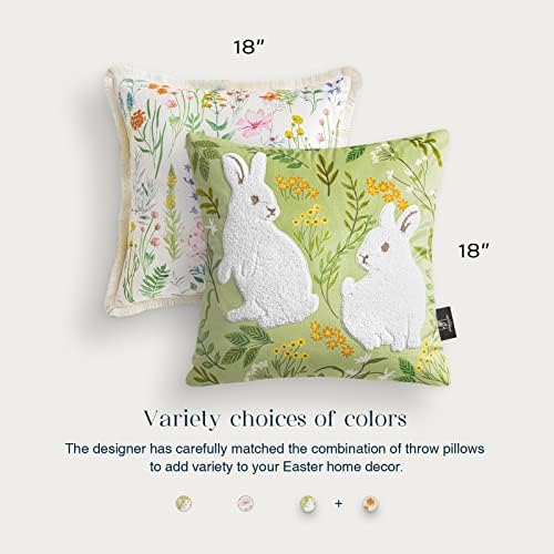 Phantoscope Pack of 2 Happy Easter Throw Pillow Covers - Tassel Trimmed Printed Colorful Flowers and Rabbits Spring Farmhouse Decorative Easter Pillows, Light Green, 18x18 Inches - Image 4