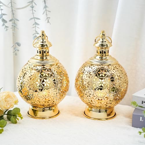TRIROCKS Ramadan Lanterns Set of 2 10" Gold Electric Candle Holders with Timer, Metal Decorative Vintage Lanterns for Indoor/Outdoor Decor, Perfect EID Mubarak Gift - Image 2