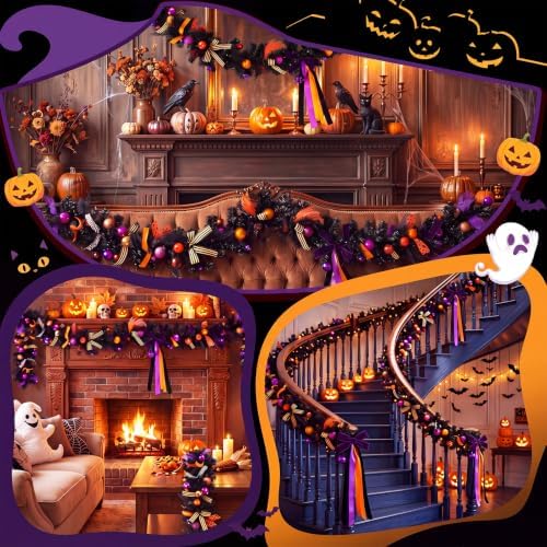 Thiccywoov 8 ft Halloween Garland Decorations Black Orange Purple Artificial Garland Ornaments with Ball Bats Pumpkins, Halloween Mantel Hanging String Decor for Tree Home Indoor Fireplace Party Decor - Image 5