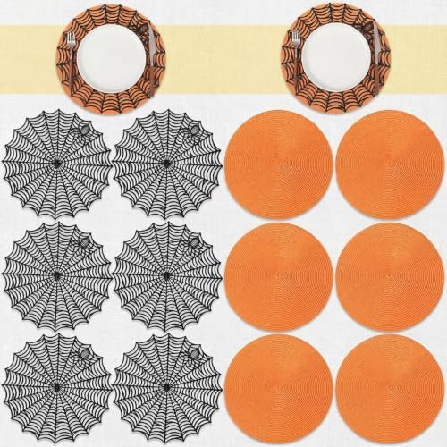 Pickmesh 12 Pcs Halloween Table Decor Orange Black Spiderweb Placemats by Pickmesh