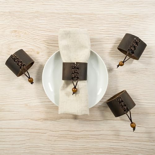 Hide & Groom, Set of 4 Napkin Ring Holders for Wedding Ceremonies, Dinner Parties, Adornment for Table Settings, Full Grain Leather, Handmade, Bourbon Brown - Image 2