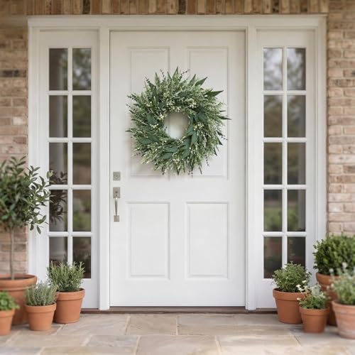 26'' Large Eucalyptus Wreaths for Front Door,Spring Summer Greenery Wreath with Babys Breath Flowers for Outdoor, Porch,Wall,Holiday,Home Decor- Spring, Summer, Fall,Winter All Seasons - Image 3