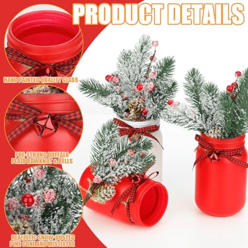 Lyrow 6 Pack Christmas Mason Jar Table Centerpiece Faux Berry and Pine Bell Kitchen Winter Spring Farmhouse Decoration for Home Kitchen Tiered Tray Decoration(Bell Style) - Image 3