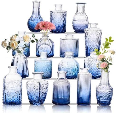 Glass Bud Vase Set of 16, Small Flower Vases, Glass Vases for Centerpieces, Vintage Home Table Decorations Bud Vases (16 Pcs, Blue) by BJONKZ