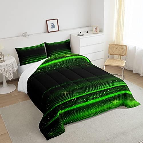 Ombre Stripes Bedding Set King Black Green Outer Space Comforter Modern Gradient Geometric Down Comforter for Kids Boys Girls Teens Adult Soft Quilt Warm Lightweight with 2 Pillowcases Bedroom Decor - Image 3