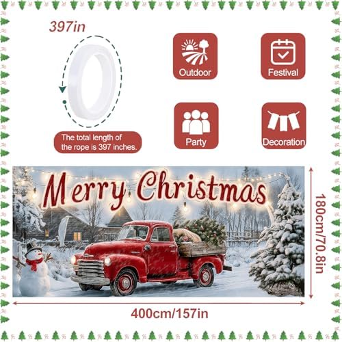 Christmas Garage Door Banner 6x13FT, Red Vintage Truck with Tree, Merry Christmas Garage Door Cover, Large Outdoor Xmas Decorations for Holiday Yard, House Front, Driveway & Winter Party Decor - Image 4