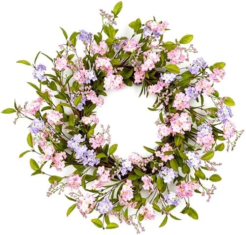 Summer Wreath for Front Door, 22 in Pink Cherry Blossom Hydrangea by YUGALI