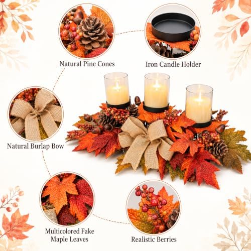 Fall Candle Holder Centerpiece with Maple Leaves, Pinecones, Berries & Burlap Bow,Thanksgiving Table Centerpiece Decoration for Dining Table, Mantel & Autumn Harvest Home Décor - Image 3