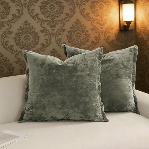Greek Velvet Euro Sham Covers Set of 2 26x26 Luxury Soft Solid Pillow Covers for Living Room Bedroom Yard,Army Green by LRRocaloca