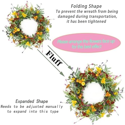 AMF0RESJ Artificial Spring Summer Wreath for Front Door Yellow Daisy Wreath with Olive Leaf,Eucalyptus Leaves for Front Door Indoor Outdoor Wall Porch Farmhouse Home Decor - Image 2