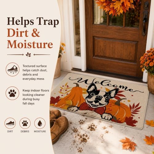Boston Terrier Welcome Doormat Fall Autumn Decor, 32x48in Large Front Door - Image 3