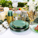 Rubtlamp 700Pcs Green Plastic Plates,Green Gold Plastic Dinnerware Set, Hammered Clear Green Plates with Gold Rim Include 100Dinner Platos,100Cake Platos,100Cups,100Pre Rolled Silverware - Image 6