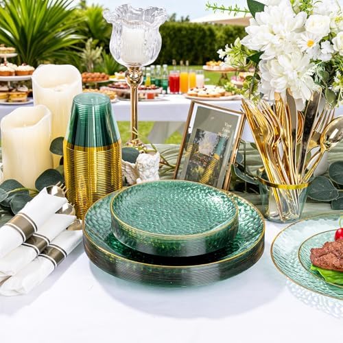 Rubtlamp 700Pcs Green Plastic Plates,Green Gold Plastic Dinnerware Set, Hammered Clear Green Plates with Gold Rim Include 100Dinner Platos,100Cake Platos,100Cups,100Pre Rolled Silverware - Image 6