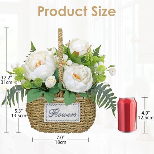Peonies Artificial Flowers, Spring/Summer Flower Centerpieces for Tables Silk Flower Arrangements with Woven Basket Fake Peonies with Fern Leaves White Flower Arrangement for Kitchen Dinner Table - Image 2