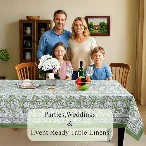 CPC Tablecloth 100% Cotton 60x90 Inch Indian Block Print Rectangle Table Cover, Washable Table Cloth for Weddings, Spring/Summer, Barbeque - Olive Green - Image 3