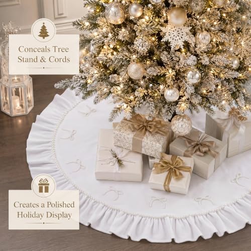 48 Inches Pearl Christmas Tree Skirt Plush Christmas Velvet Tree Skirt with Pearl Bow White Ruffle Edge Handmade Mat for Xmas Holiday Winter Party Decorations - Image 6