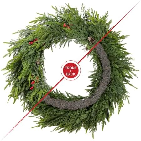 Glitzhome 30 Inch Christmas Wreaths for Front Door, Artificial Greenery Wreath with Pine Cones and Red Berries for Windows, Walls, Porches, Indoor and Outdoor Home Decoration - Image 5