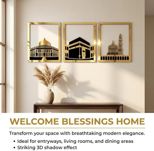 iwa concept Masjid Al Aqsa, Kaaba & Masjid An-Nabawi Islamic Wall Art, Wooden Blessed Places Islamic Wall Decor, Gift for Muslims at Ramadan Eid (Small, Gold | All Three) - Image 5