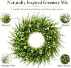 26 Inch Artificial Boxwood Wreath with White Flowers, Large Greenery Wreath - Image 2