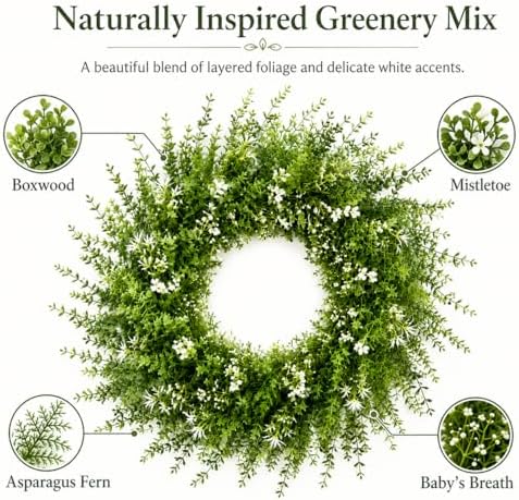 26 Inch Artificial Boxwood Wreath with White Flowers, Large Greenery Wreath - Image 2