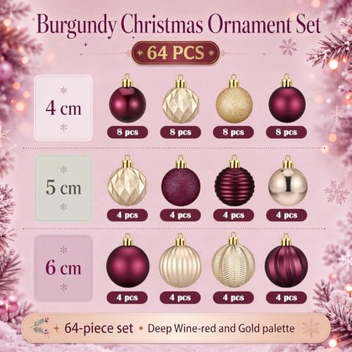 Lunmon 64 Pcs Burgundy and Gold Christmas Ball Ornament 1.57/1.97/2.36 Inch - Image 4