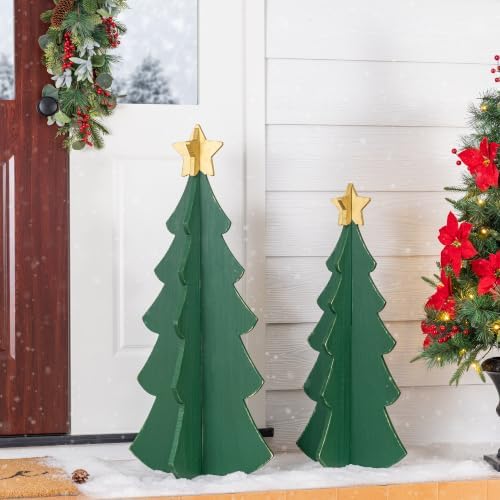 Glitzhome Set of 2 Wood Christmas Trees Porch Decor,Interlocking Xmas Porch Sign with Gold Star Toppers,Standing Porch Sign for Front Door Indoor Outdoor Holiday Decor,36" H &30" H by Glitzhome