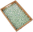 Rectangle Rattan Tray with Mother of Pearl Inlay, Rattan Serving Tray with Handle for Coffee, Bread, Fruits, Snacks, Decorative Wicker Tray for Table Decor (Rectangle Green Leaf, 13"×9") by Tynulox