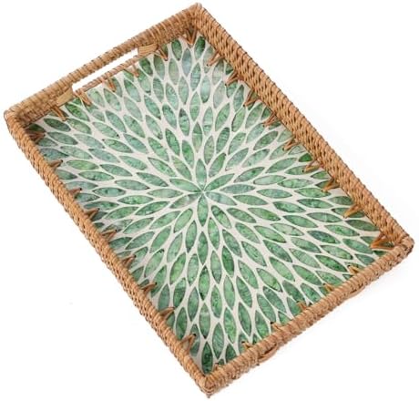 Rectangle Rattan Tray with Mother of Pearl Inlay, Rattan Serving Tray with Handle for Coffee, Bread, Fruits, Snacks, Decorative Wicker Tray for Table Decor (Rectangle Green Leaf, 13"×9") by Tynulox