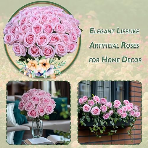 50 PCS Fake Pink Roses, Artificial Flowers Bulk, Realistic Silk Faux Roses - Image 4