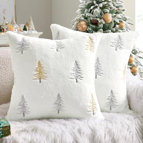 MIULEE Christmas Decorative Faux Fur Pillow Covers 20x20 Inch White Gold by MIULEE