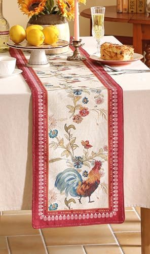 patdrea Designer Farmhouse Linen Extra Long Table Runner,Rustic Cottage Mauve with Rooster and Floral Pattern Fabric Table Mat,Decoration for Kitchen Dining Christmas New Year Banquet, 12"*118" - Image 6