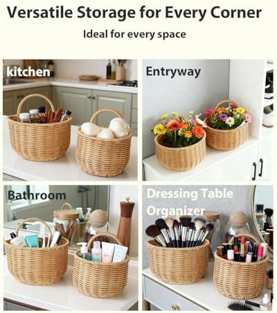 2 Pack Wall Hanging Rattan Baskets, Hand-Woven Storage Basket, Small Wall Hanging Baskets for Kitchen, Washable Decorative Basket, Potato Garlic Onion Storage Baskets - Image 4