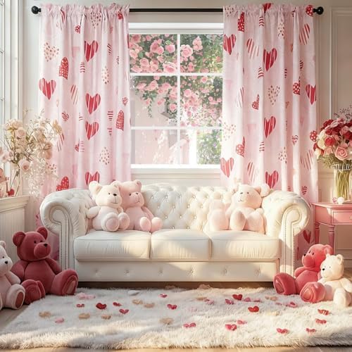 youleyar Valentine's Day Curtains for Living Room, 84 Inch Length Red Heart Rose Printed Pattern Curtain, Rod Pocket Window Drapes Decorations for Bedroom Dining Room Drapes, 52W x 84L - Image 6