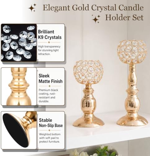 Crystal Candle Holders Set, Tall Metal Tealight Votive Candlestick Holders (11.4" & 8.8"), Elegant Decorative Centerpiece for Dining Table, Wedding, Living Room (Gold, Set of 12) - Image 2