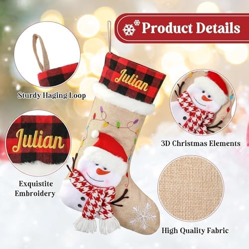 Personalized Christmas Stockings with Embroidered Name & Monogram,Custom 3D Xmas Character Stocking,18” Large,Santa,Snowman,Reindeer,Dog,Cat Fireplace Hanging Burlap Plaid Stockings(3 Pack) - Image 6