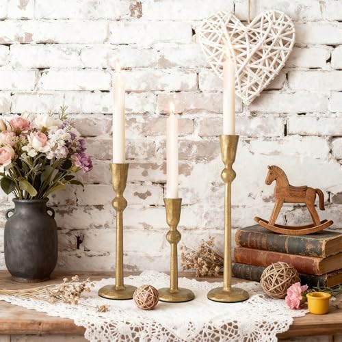 Set of 3 Antique Brass Taper Candle Holders Iron Candlestick Holder - Image 4