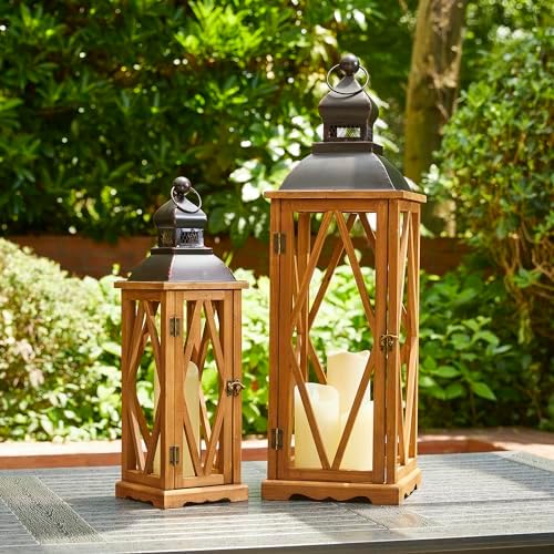 Glitzhome Decorative Candle Lanterns, 2 Pack Farmhouse Lanterns Decor, Vintage Hanging Candle Holder Wooden Lantern Decorative Indoor&Outdoor for Patio, Porch, Entryway, Centerpieces (No Glass) by Glitzhome