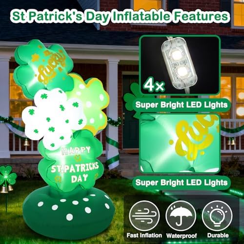 Halfjuly 5.6FT St Patricks Day Inflatables – Inflatable Shamrock Tower with Layered Four-Leaf Clover Design, Festive Lucky St. Patrick’s Day Decorations Outdoor, Magical Green Yard Display - Image 3