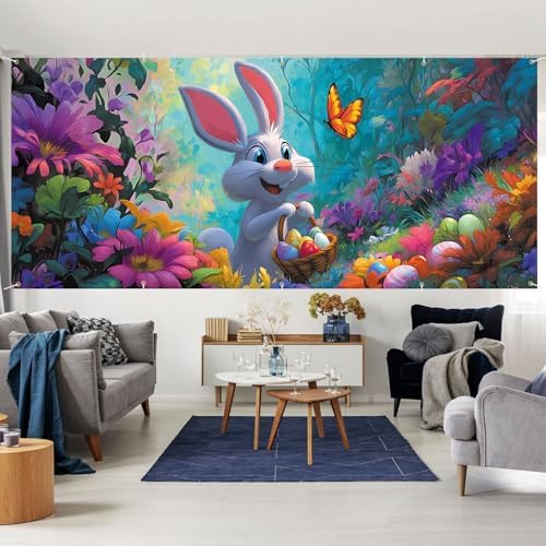 7 * 16FT Summer Garage Door Cover Decorations Sunset Palm Trees Garage Door Banner for Outdoor Indoor Summer Party Photography Backdrop (easter rabbit, 7 * 16 ft) - Image 6