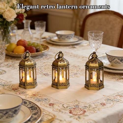 Mini Moroccan Lanterns with Flicker LED Candles Set of 12, Gold Vintage Decorative Hanging Lanterns for Ramadan, Christmas, Halloween, Wedding, Party, Table Centerpiece, ABS Plastic and Glass - Image 5