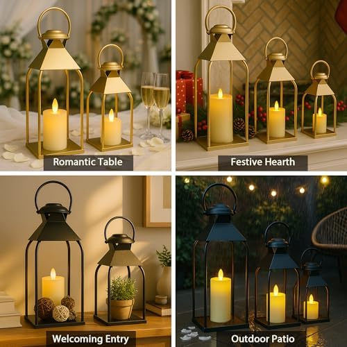 Decorative Metal Lanterns Indoor Outdoor, Candle Holder for Porch, Patio, Fireplace, Floor, Wedding, Christmas, Fall, Holiday, Farmhouse Table Centerpiece (Gold, Set of 2 15.7" 12") - Image 4
