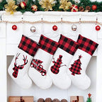 LUBOT Set of 4 Christmas Stocking(20inch) Silhouette Buffalo Red Plaid/Rustic/Farmhouse/Country Cotton Fireplace Hanging Xmas Stockings Decorations for Family Holiday Season Decor by LUBOT
