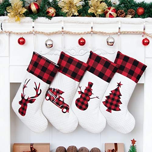 LUBOT Set of 4 Christmas Stocking(20inch) Silhouette Buffalo Red Plaid/Rustic/Farmhouse/Country Cotton Fireplace Hanging Xmas Stockings Decorations for Family Holiday Season Decor by LUBOT