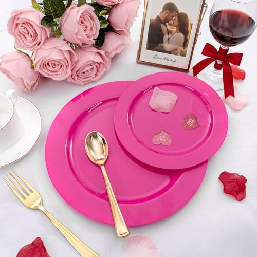 FLOWERCAT 60PCS Hot Pink Disposable Party Plates Set – 30 pcs 10.25″ Dinner Plates & 30 pcs 7.5″ Dessert Plates for Spring Parties, Valentine’s Day, Wedding – Sturdy & Stylish Tableware - Image 3